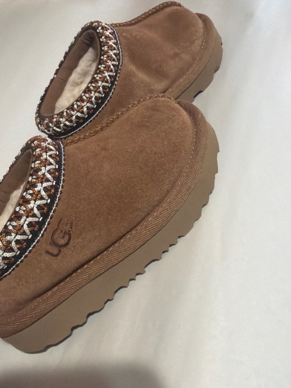 UGG Women’s Chestnut Brown Suede Platform Slippers with Braided Trim